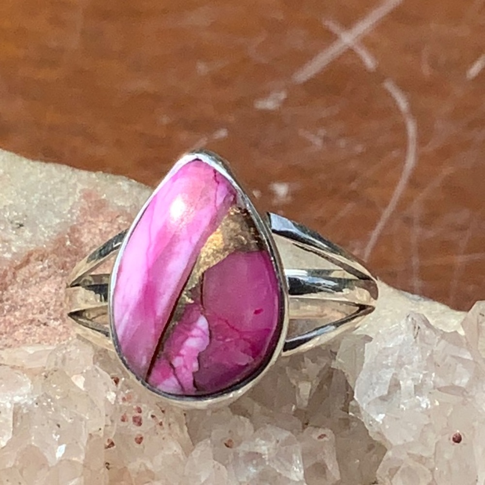 NATURAL PINK KINGMAN DAHLIA TURQUOISE 925 STERLING SILVER RING, SIZE 7